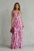 Kacob | Women's Floral Halter Neck Maxi Dress – Open Back Ruffle Wedding Guest Dress