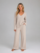 Kacob | Women's Ribbed Knit V-Neck Jumper & Wide Leg Trousers Lounge Set