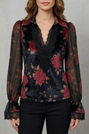 Kacob | Women's Black Velvet Floral Blazer – Scalloped Cuff Notched Lapel Tailored Jacket