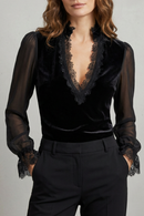 Kacob | Women's Black Velvet Sheer Sleeve Blouse – Trimmed V Neck Keyhole Back Blouse