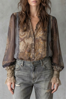 Kacob | Women's Brown Sheer Paisley Boho Blouse – Voluminous Sleeve V Neck Blouse