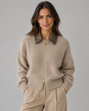 Kacob | Women's Knit Zip Cardigan with Contrast Collar