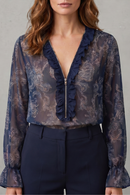 Kacob | Women's Paisley Print Blouse – Deep V Neck Ruffle Trim Sheer Sleeve Blouse