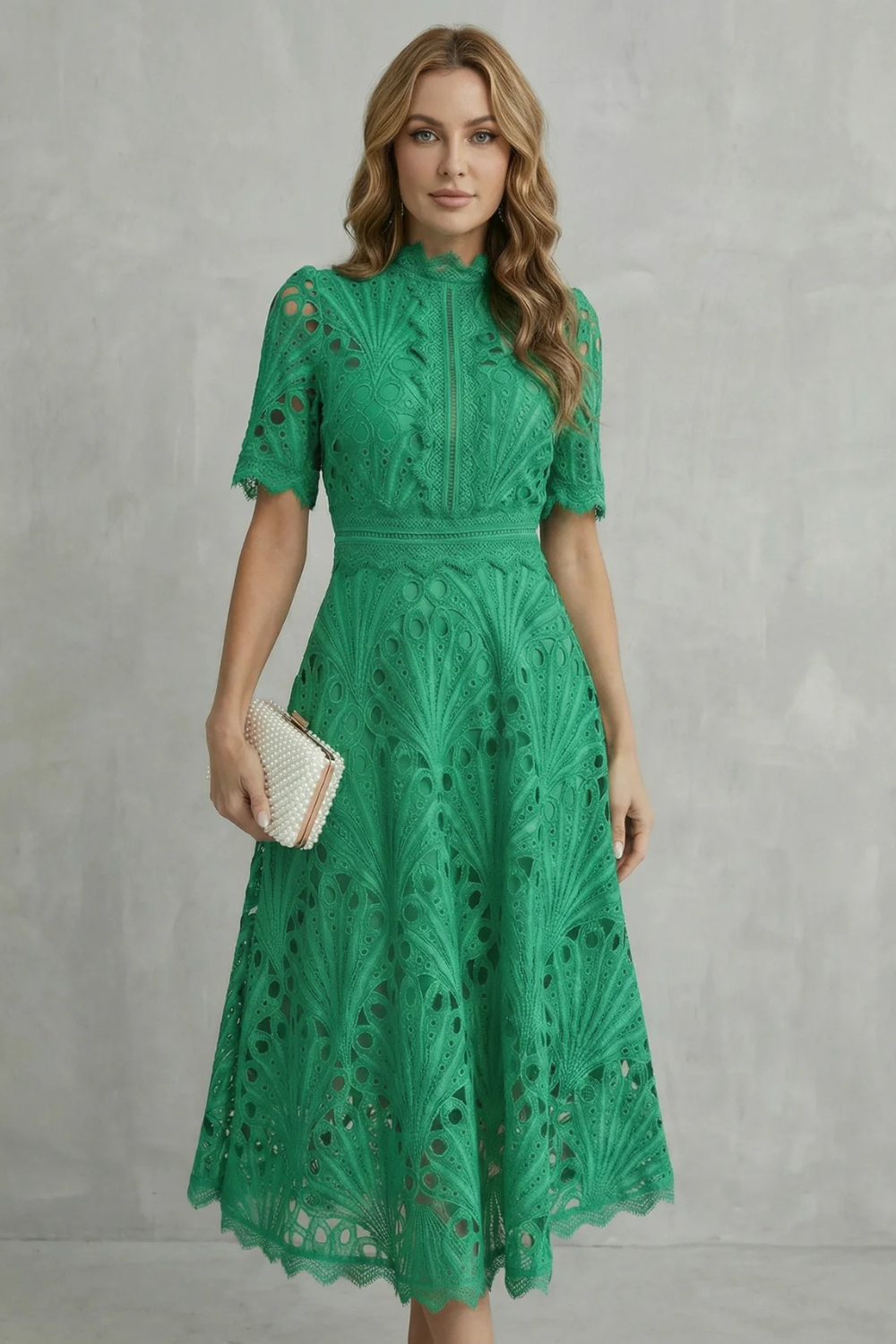 Kacob | Cutwork Lace High Neck Midi Dress