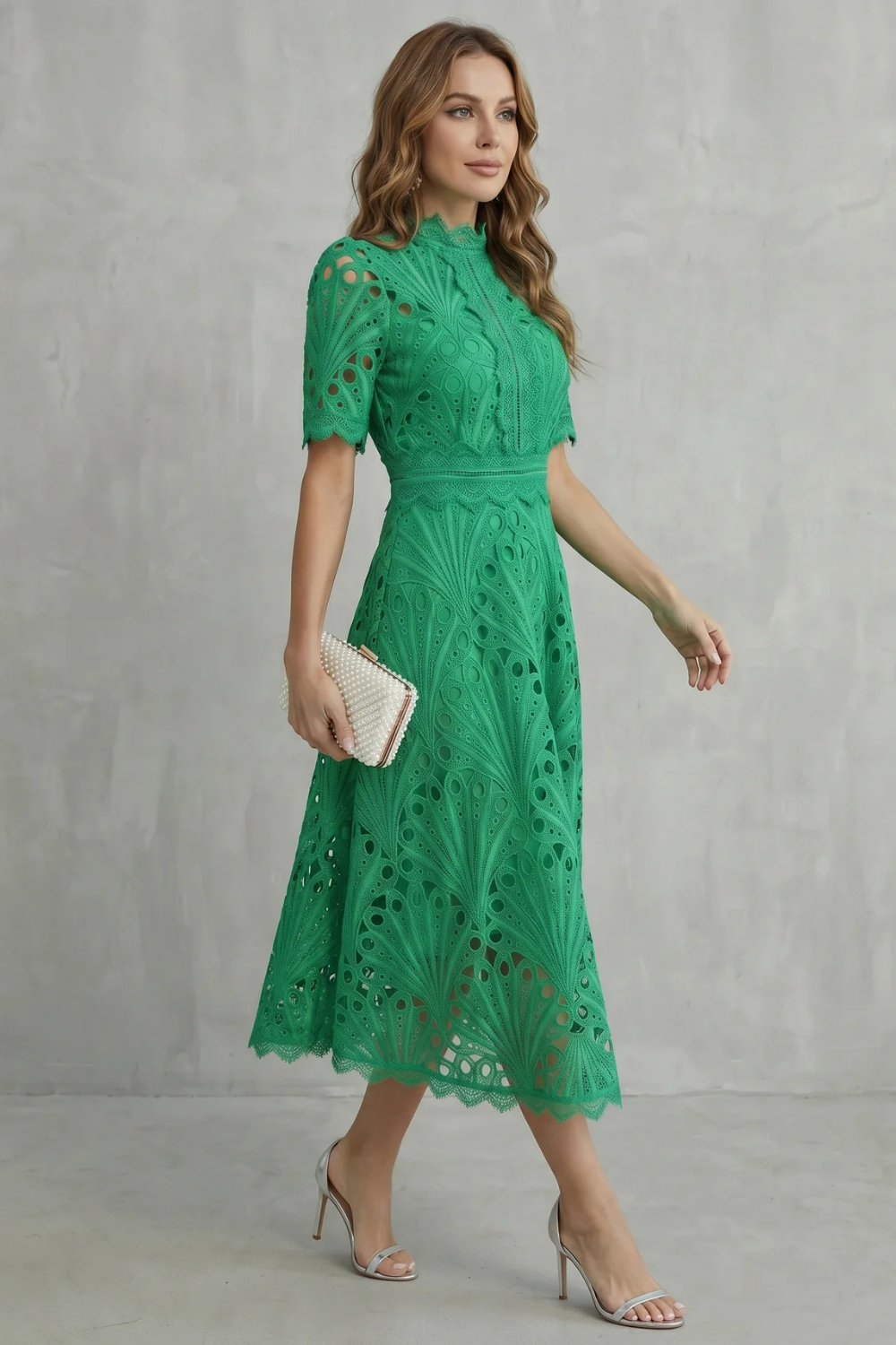 Kacob | Cutwork Lace High Neck Midi Dress