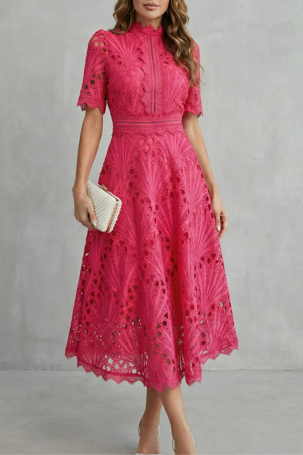 Kacob | Cutwork Lace High Neck Midi Dress