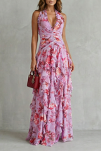 Kacob | Women's Floral Halter Neck Maxi Dress – Open Back Ruffle Wedding Guest Dress