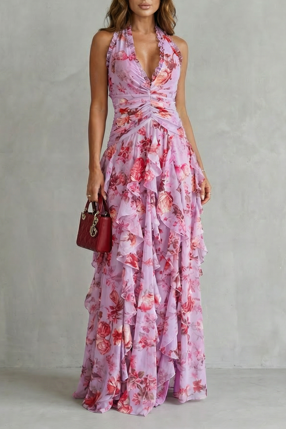Kacob | Women's Floral Halter Neck Maxi Dress – Open Back Ruffle Wedding Guest Dress