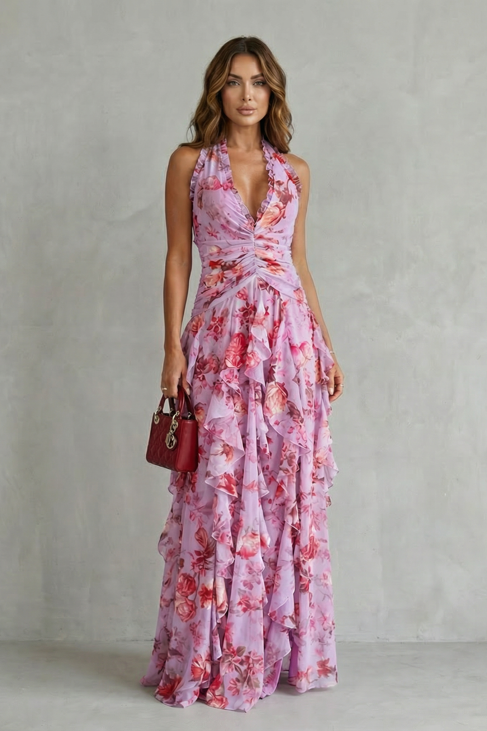 Kacob | Women's Floral Halter Neck Maxi Dress – Open Back Ruffle Wedding Guest Dress
