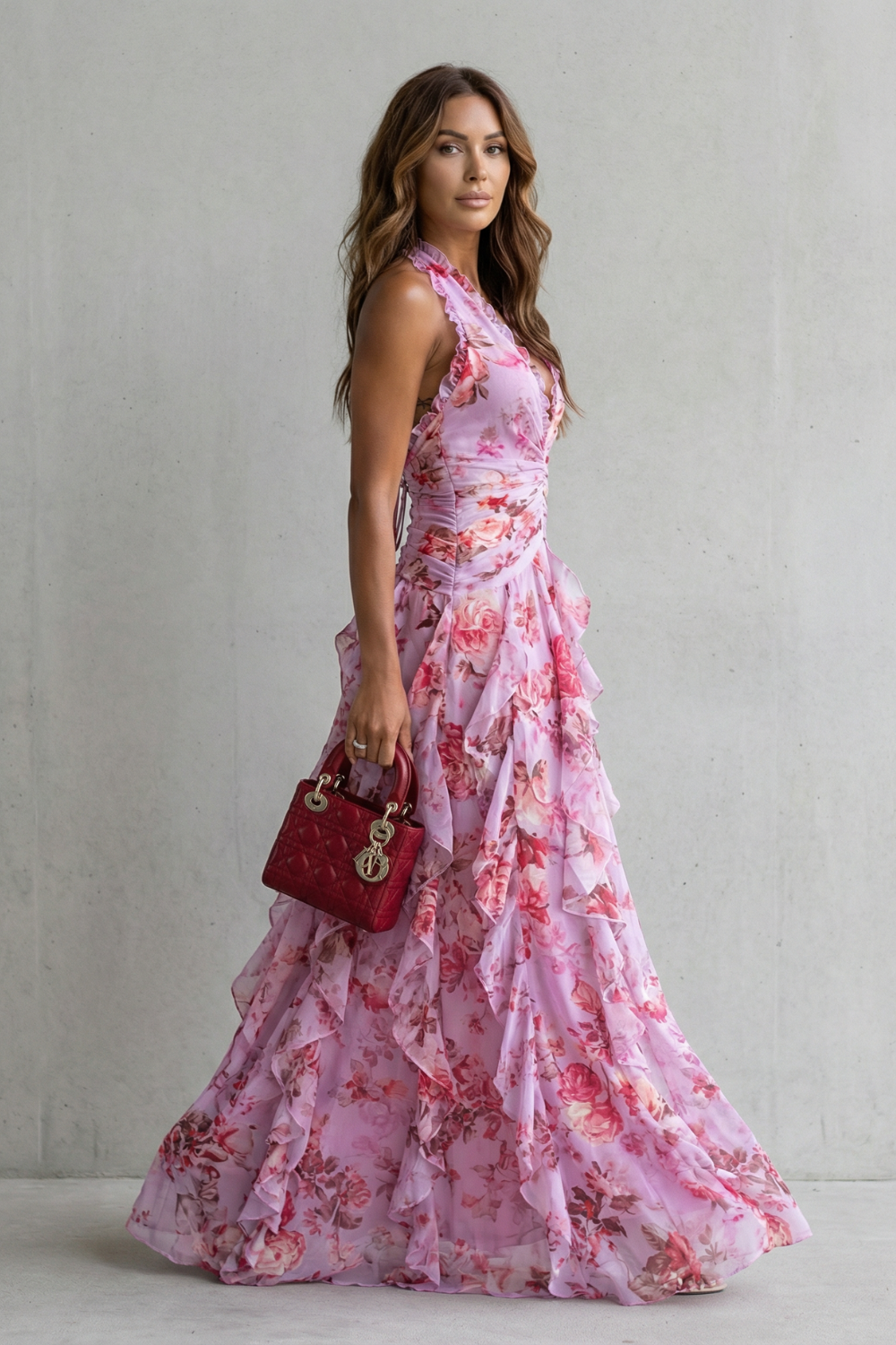 Kacob | Women's Floral Halter Neck Maxi Dress – Open Back Ruffle Wedding Guest Dress