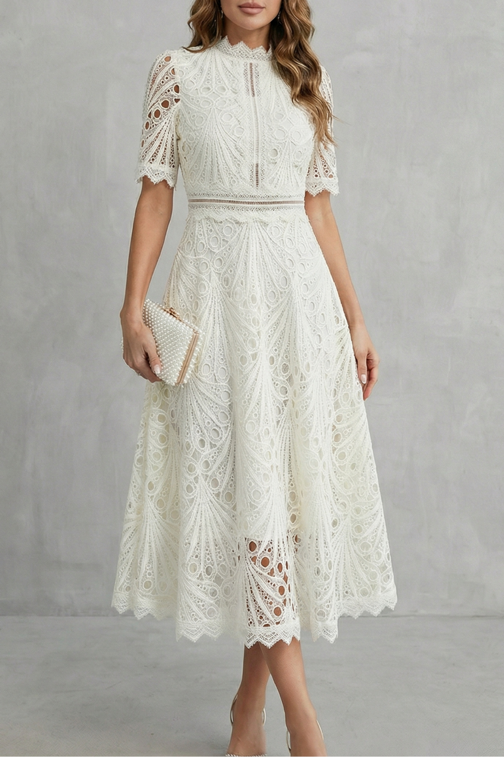 Kacob | Cutwork Lace High Neck Midi Dress