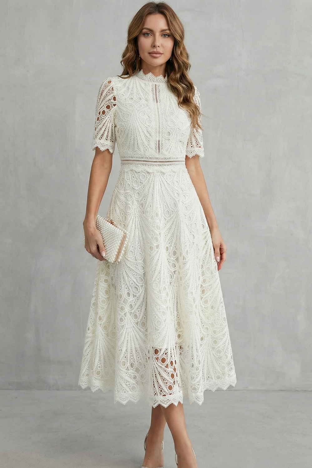 Kacob | Cutwork Lace High Neck Midi Dress