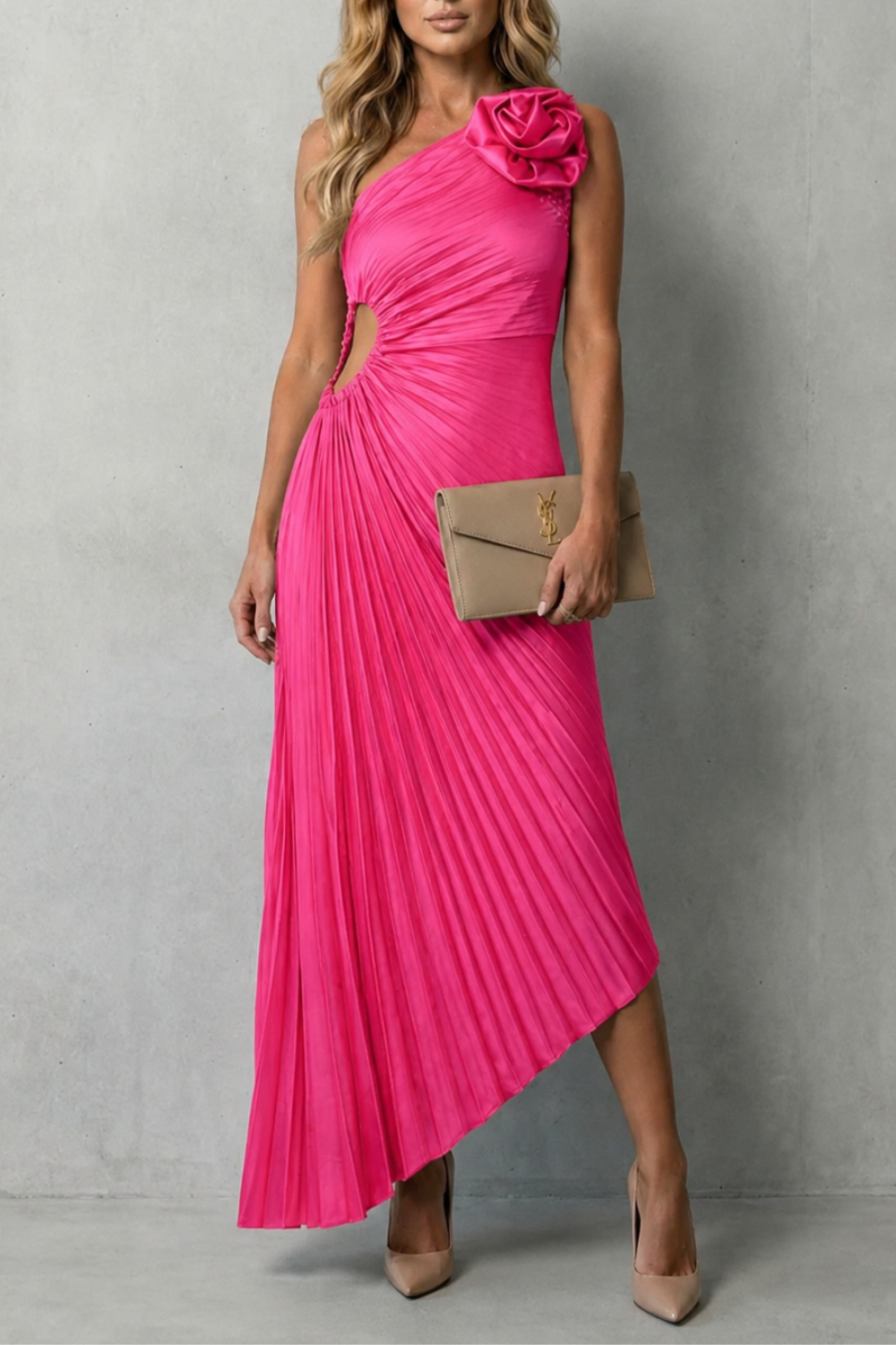 Kacob | One-Shoulder Pleated Maxi Dress with Cut-Out