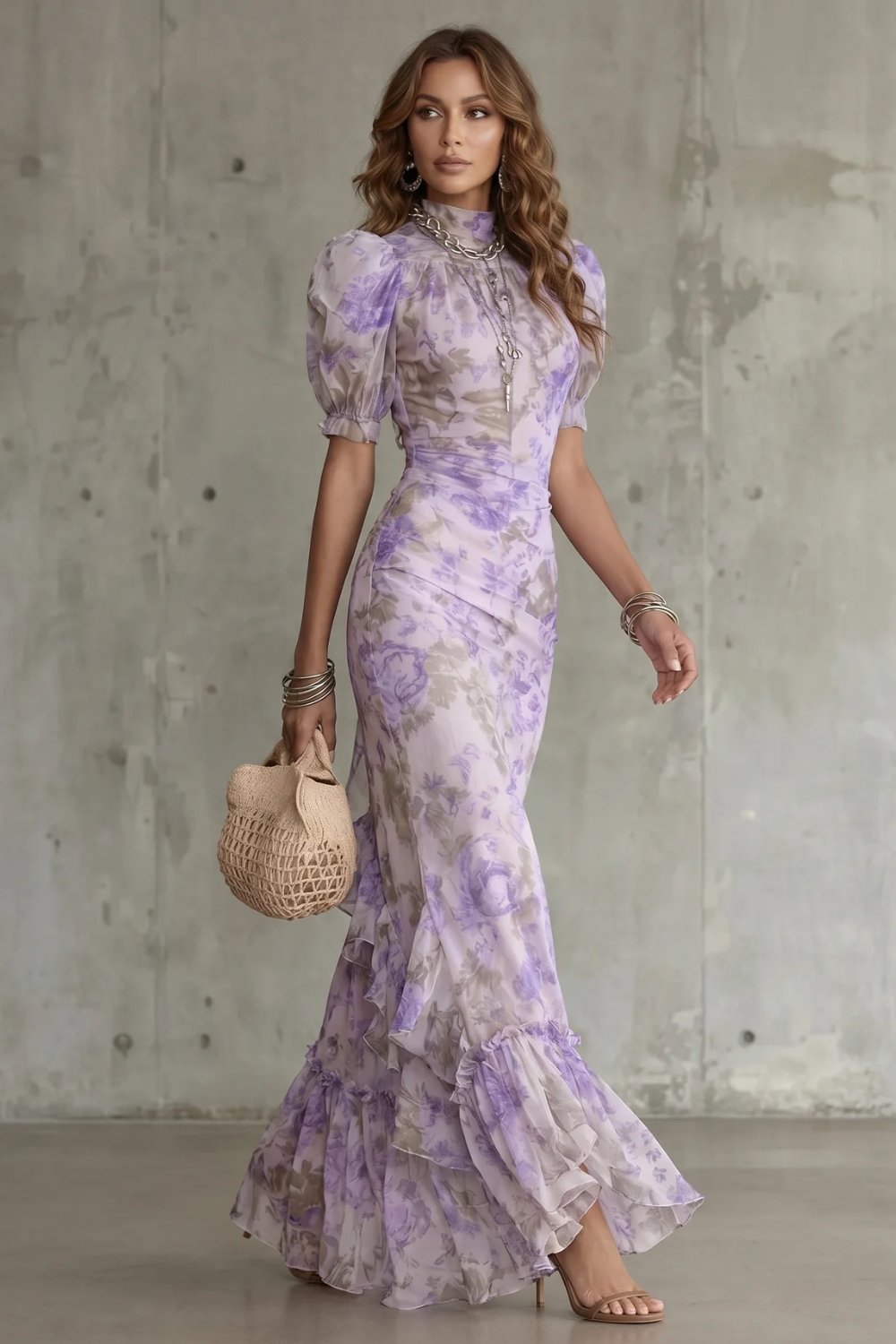 Kacob | Vintage Floral Puff Sleeve Maxi Dress
