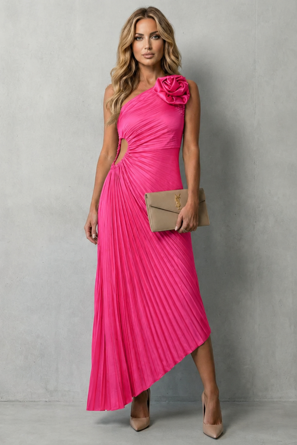 Kacob | One-Shoulder Pleated Maxi Dress with Cut-Out