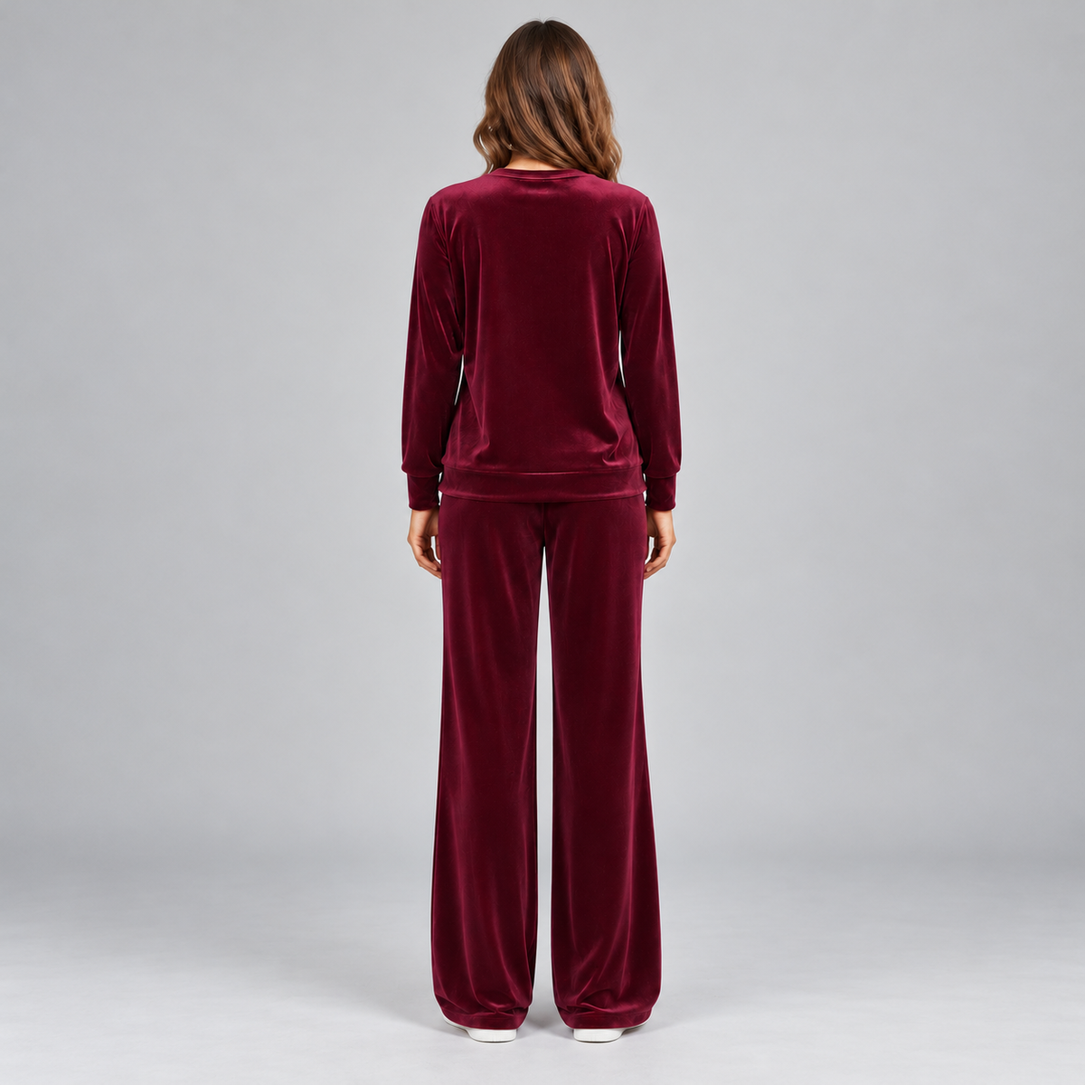 Kacob | Women's Velvet Co-Ord Set – Round Neck Long Sleeve Top and Wide Leg Trousers