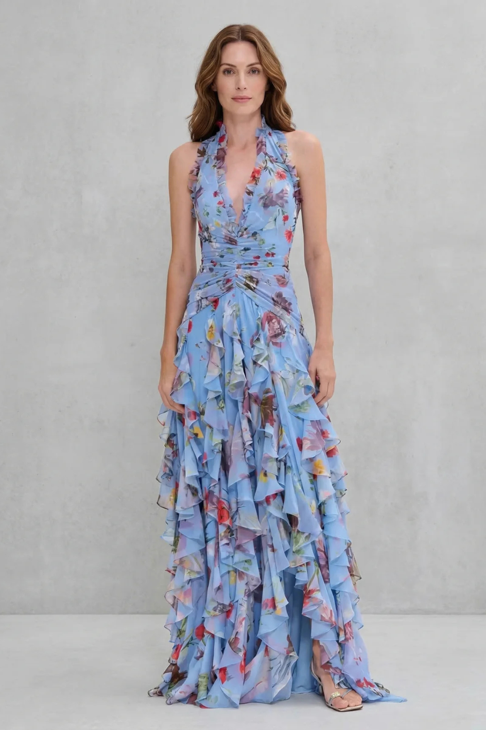 Kacob | Women's Floral Halter Neck Maxi Dress – Open Back Ruffle Wedding Guest Dress