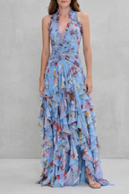 Kacob | Women's Floral Halter Neck Maxi Dress – Open Back Ruffle Wedding Guest Dress