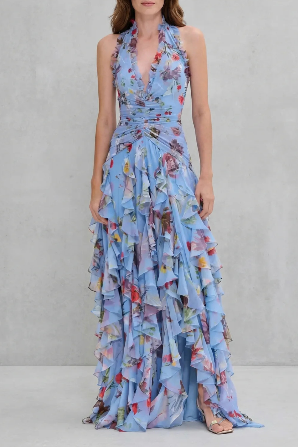 Kacob | Women's Floral Halter Neck Maxi Dress – Open Back Ruffle Wedding Guest Dress