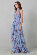 Kacob | Women's Floral Halter Neck Maxi Dress – Open Back Ruffle Wedding Guest Dress