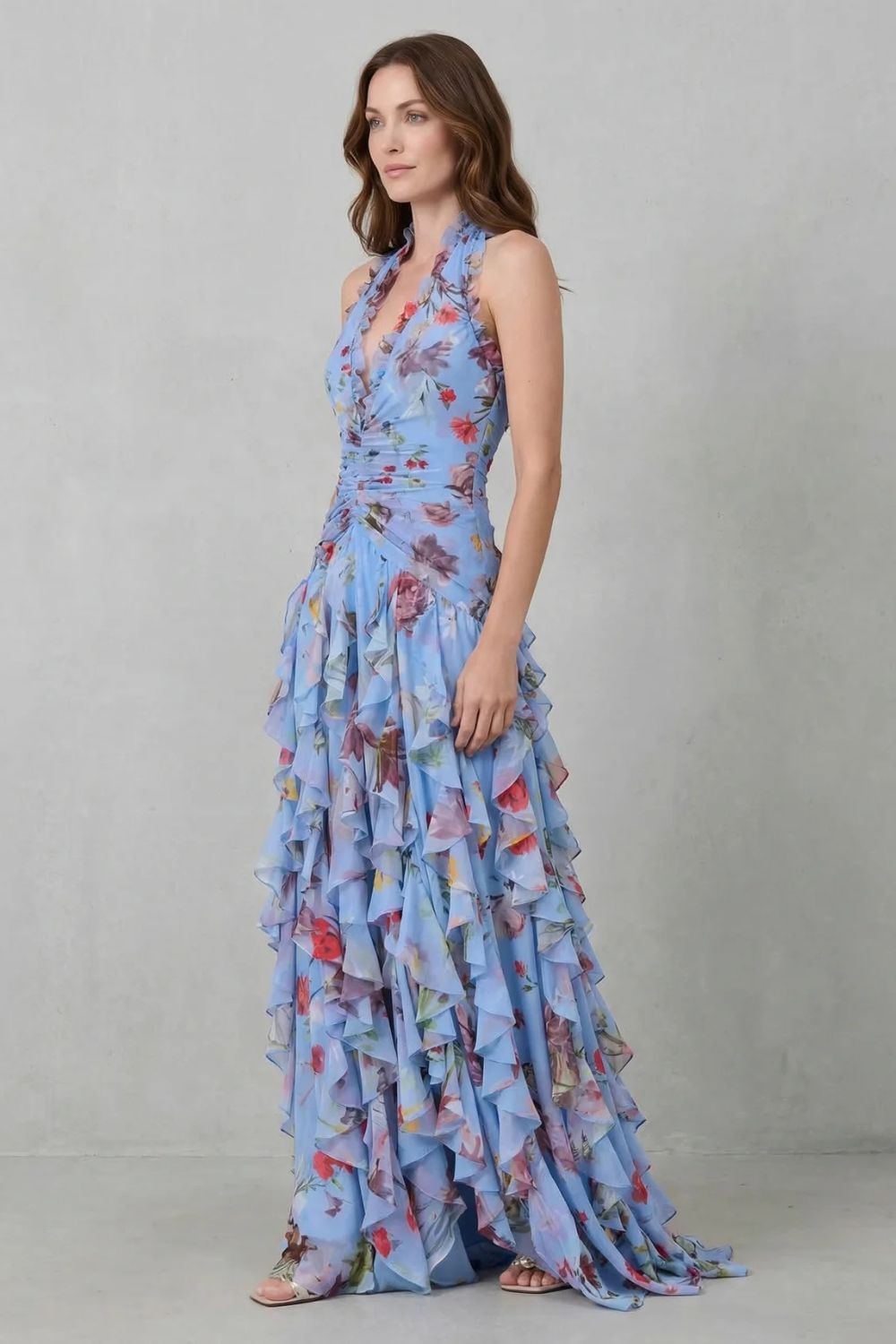 Kacob | Women's Floral Halter Neck Maxi Dress – Open Back Ruffle Wedding Guest Dress
