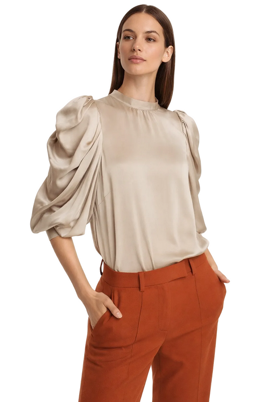 Beżowa satynowa bluzka z bufkami