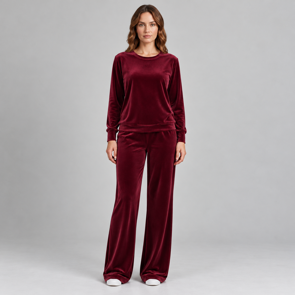Kacob | Women's Velvet Co-Ord Set – Round Neck Long Sleeve Top and Wide Leg Trousers