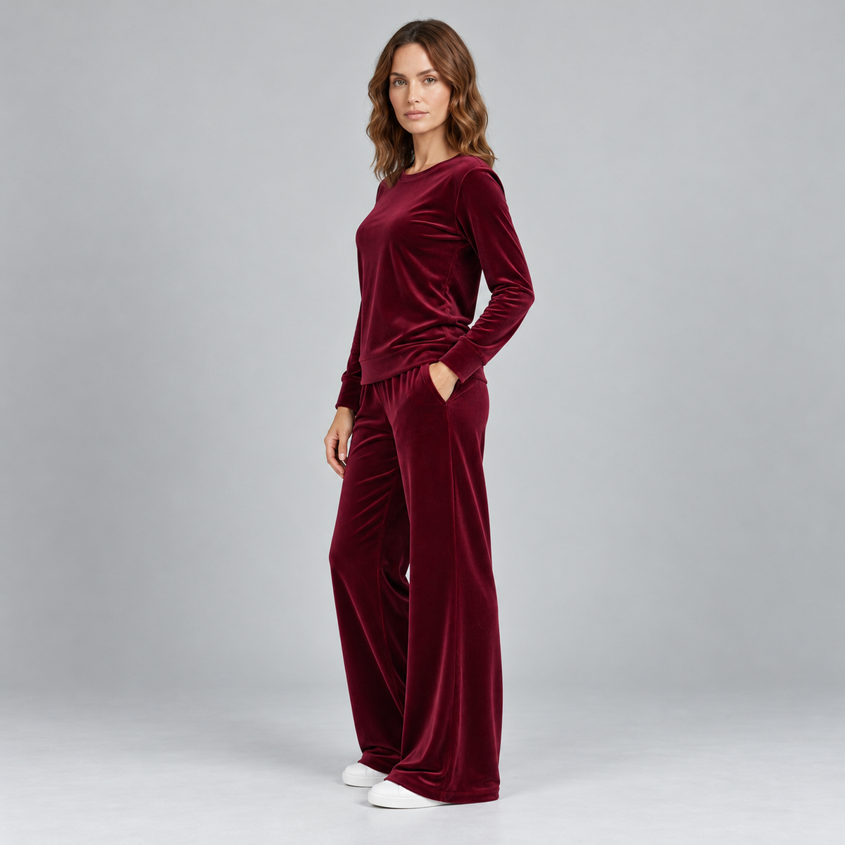 Kacob | Women's Velvet Co-Ord Set – Round Neck Long Sleeve Top and Wide Leg Trousers