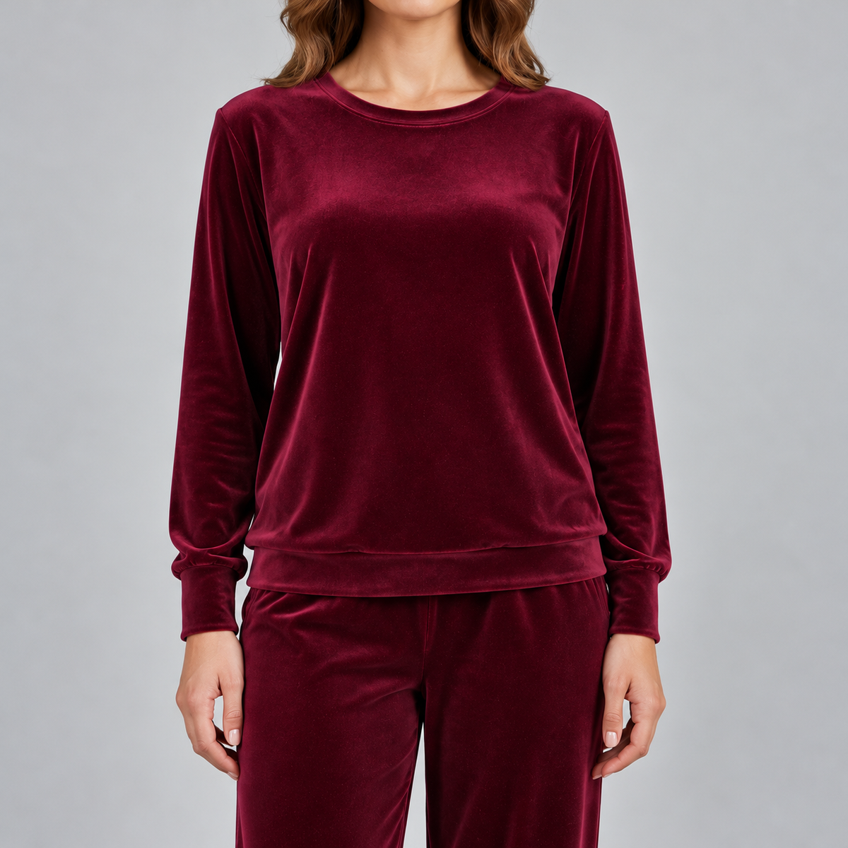 Kacob | Women's Velvet Co-Ord Set – Round Neck Long Sleeve Top and Wide Leg Trousers