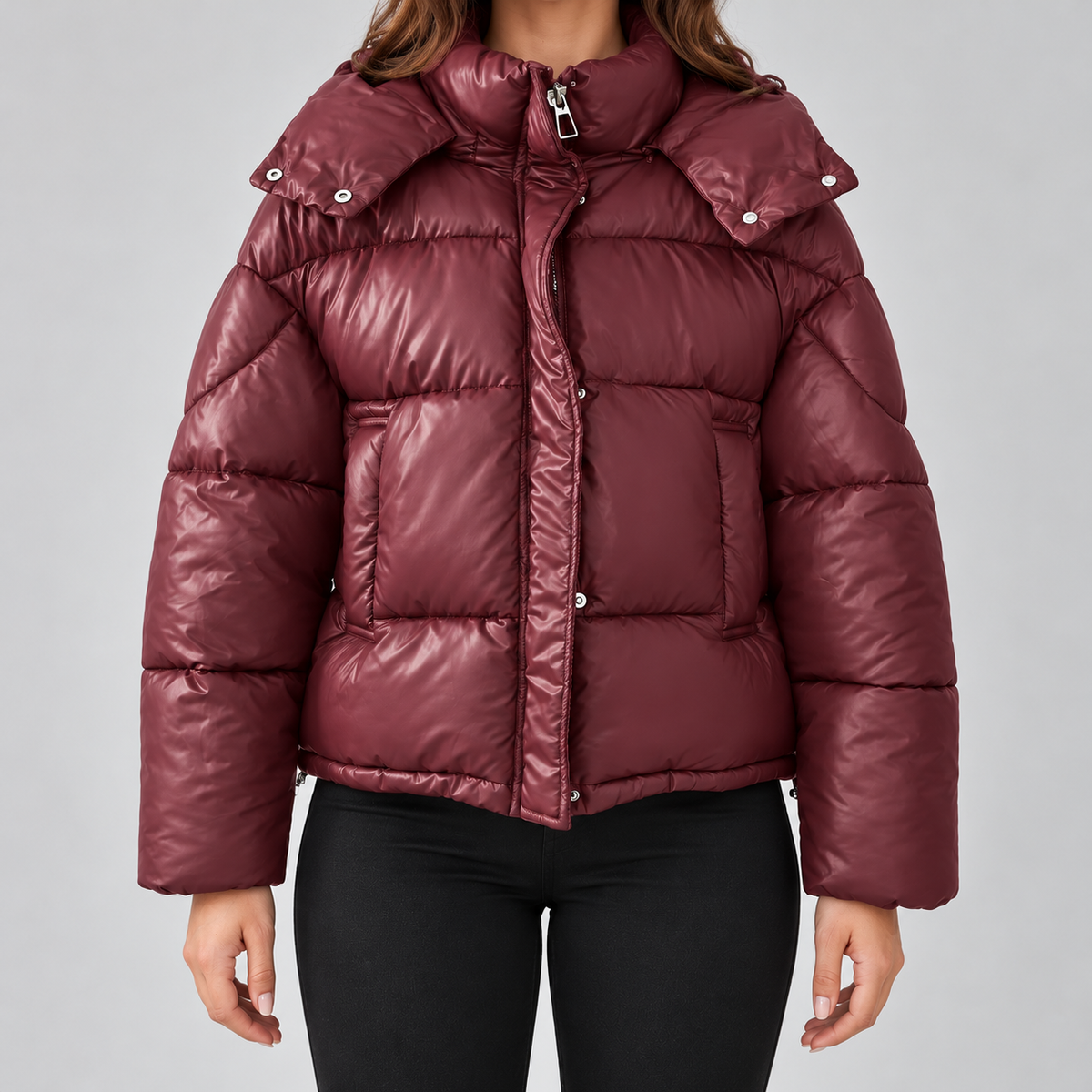 Kacob | Women's Glossy Hooded Puffer Jacket – Full Zip Cropped Padded Jacket