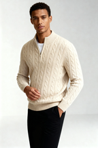 Kacob | Cable Knit Quarter Zip Jumper – Oatmeal Funnel Neck Sweater
