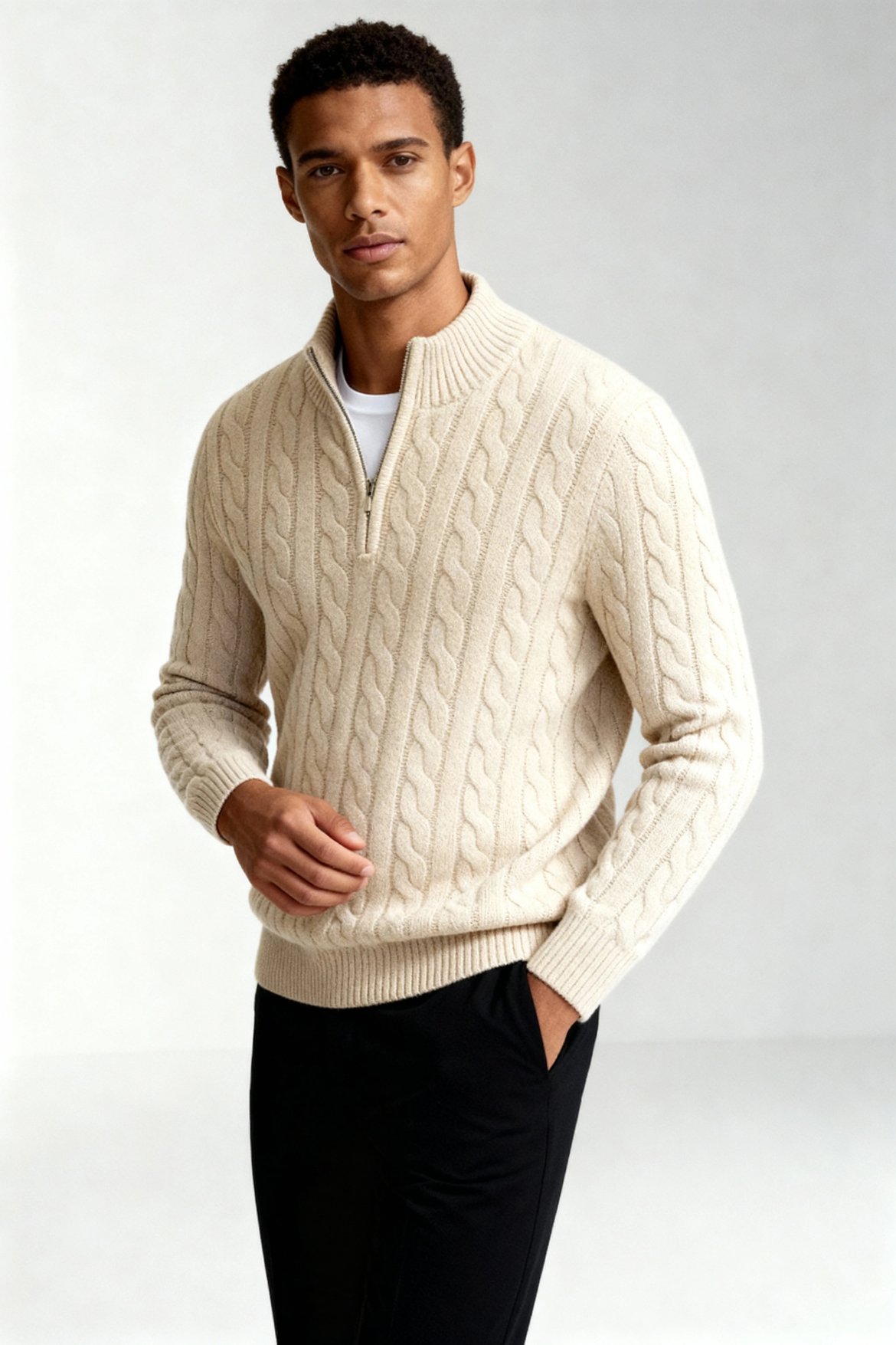 Kacob | Cable Knit Quarter Zip Jumper – Oatmeal Funnel Neck Sweater