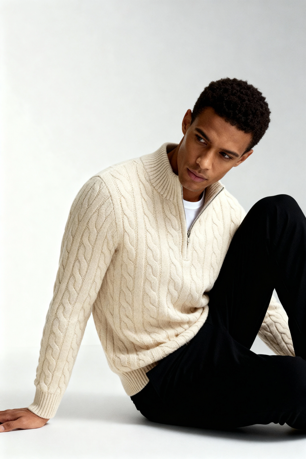 Kacob | Cable Knit Quarter Zip Jumper – Oatmeal Funnel Neck Sweater