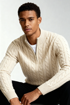 Kacob | Cable Knit Quarter Zip Jumper – Oatmeal Funnel Neck Sweater