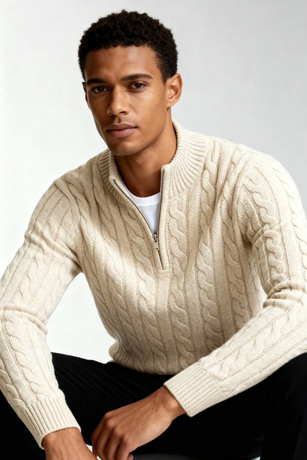 Kacob | Cable Knit Quarter Zip Jumper – Oatmeal Funnel Neck Sweater