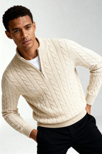 Kacob | Cable Knit Quarter Zip Jumper – Oatmeal Funnel Neck Sweater