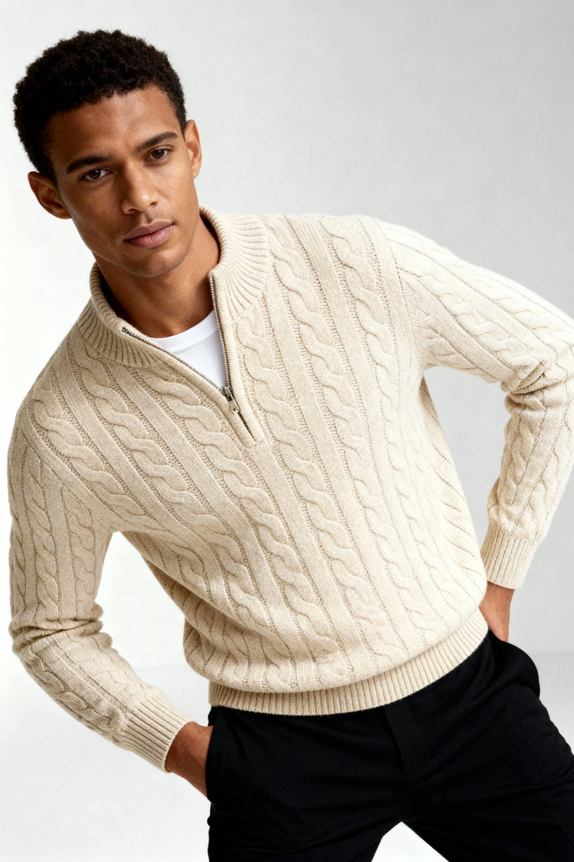 Kacob | Cable Knit Quarter Zip Jumper – Oatmeal Funnel Neck Sweater