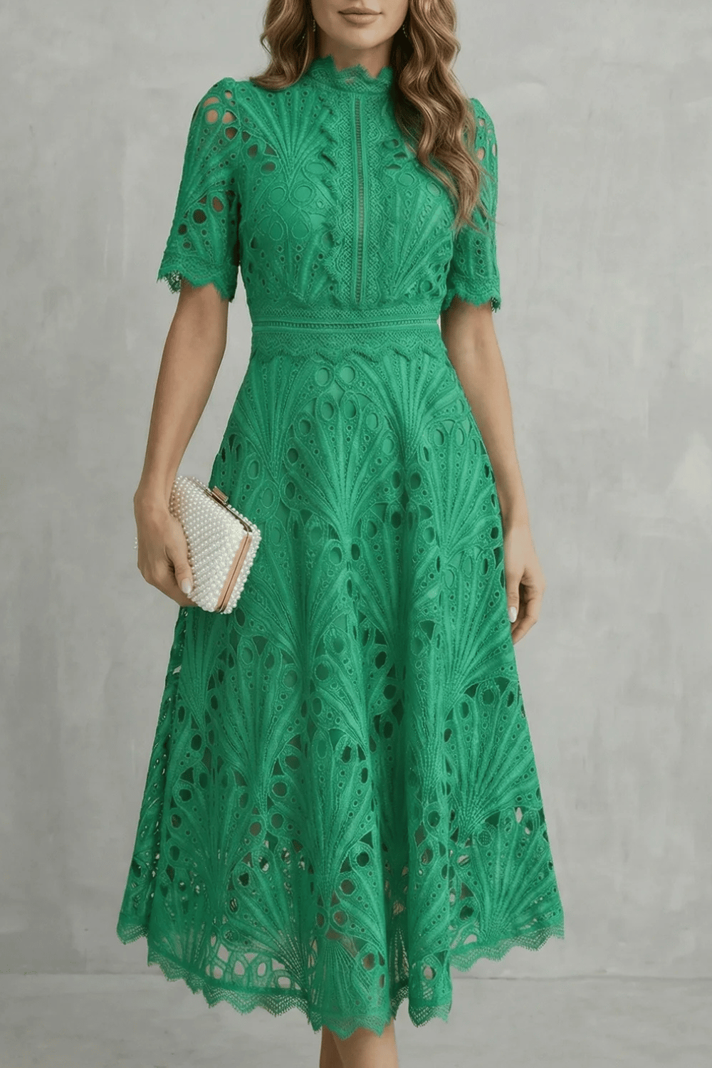 Kacob | Cutwork Lace High Neck Midi Dress