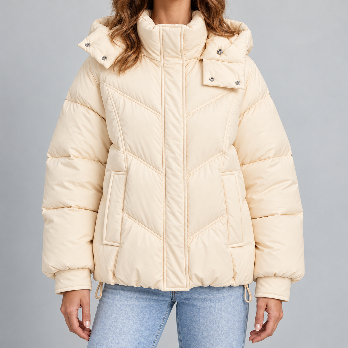 Kacob | Women's Oversized Hooded Puffer Jacket – Chevron Quilted Padded Jacket