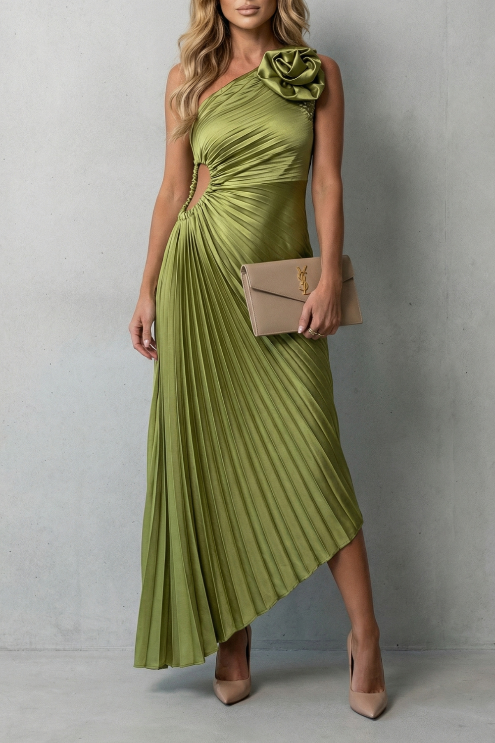 Kacob | One-Shoulder Pleated Maxi Dress with Cut-Out