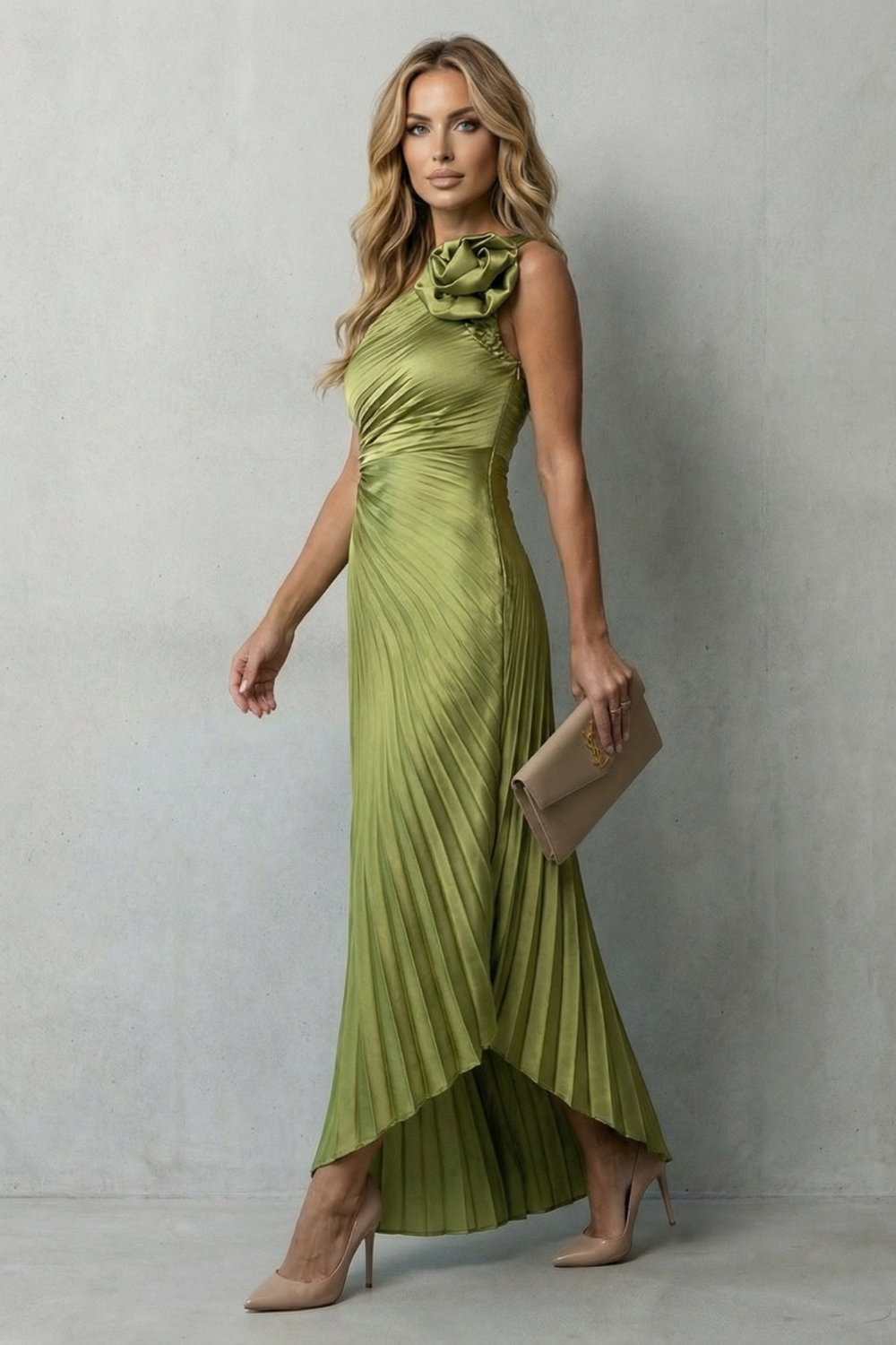 Kacob | One-Shoulder Pleated Maxi Dress with Cut-Out