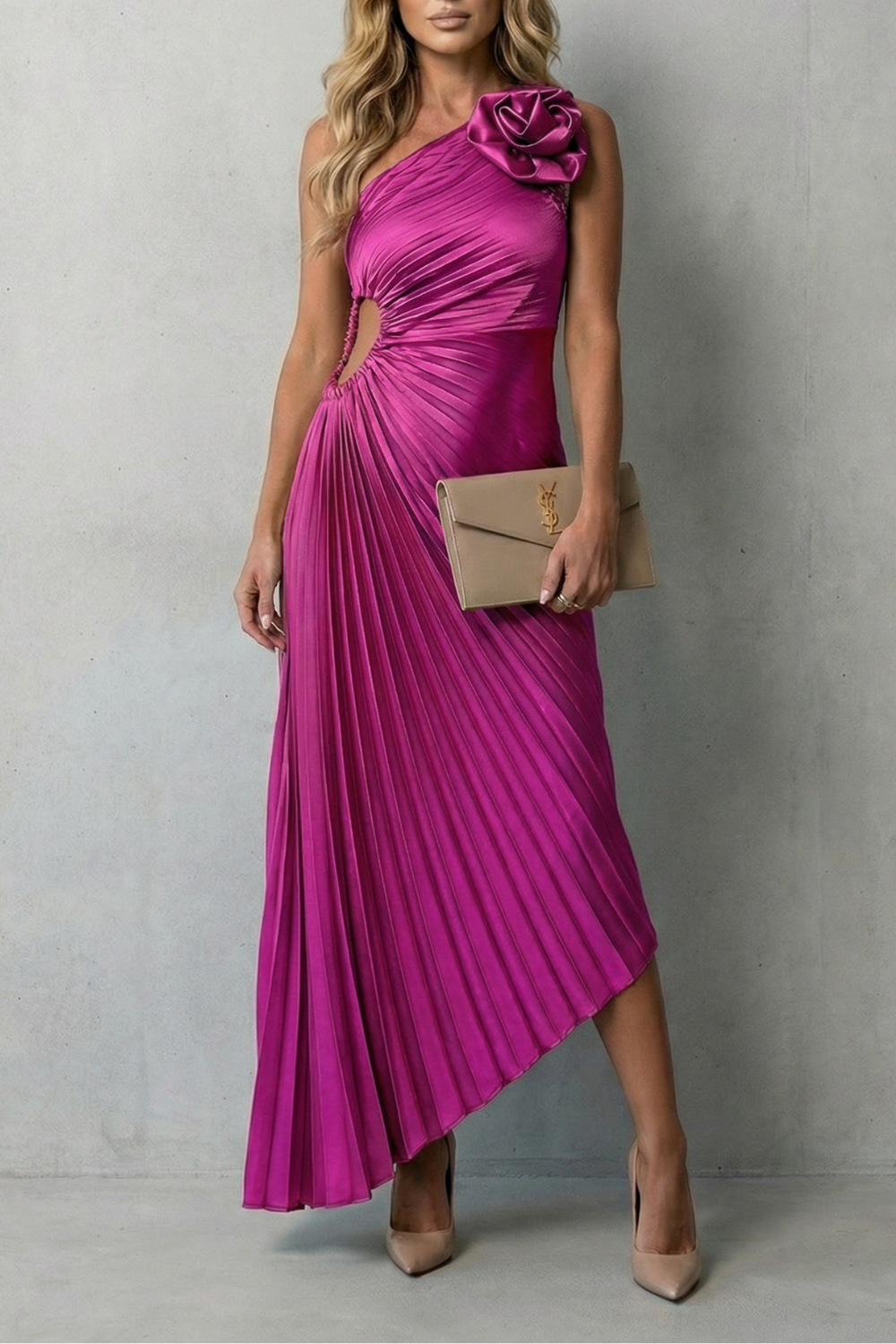 Kacob | One-Shoulder Pleated Maxi Dress with Cut-Out