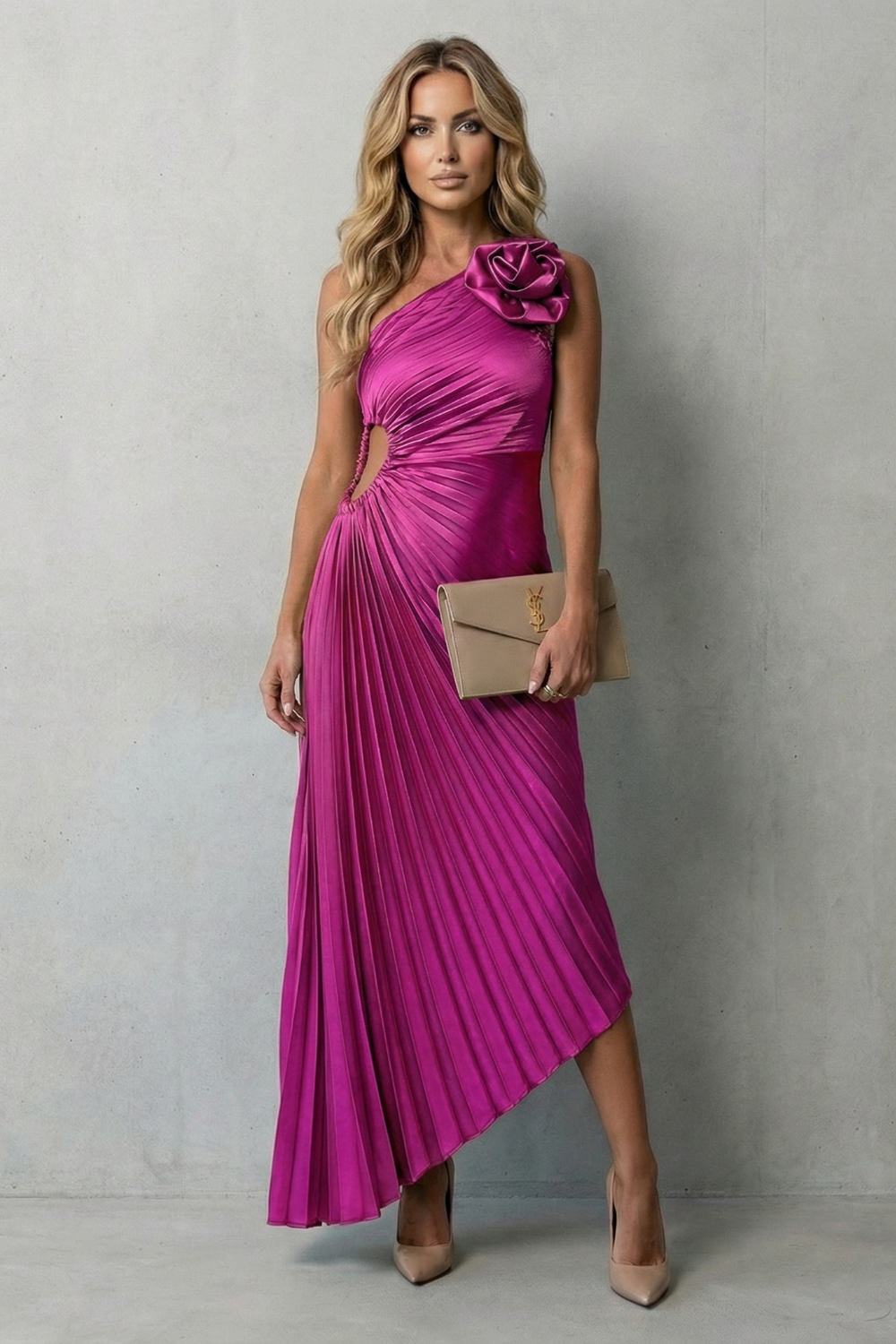 Kacob | One-Shoulder Pleated Maxi Dress with Cut-Out