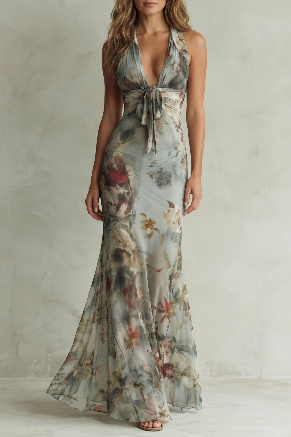Kacob | Women's Floral Chiffon Halter Neck Maxi Dress – Fishtail Evening Wedding Guest Dress