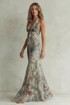 Kacob | Women's Floral Chiffon Halter Neck Maxi Dress – Fishtail Evening Wedding Guest Dress