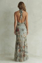 Kacob | Women's Floral Chiffon Halter Neck Maxi Dress – Fishtail Evening Wedding Guest Dress