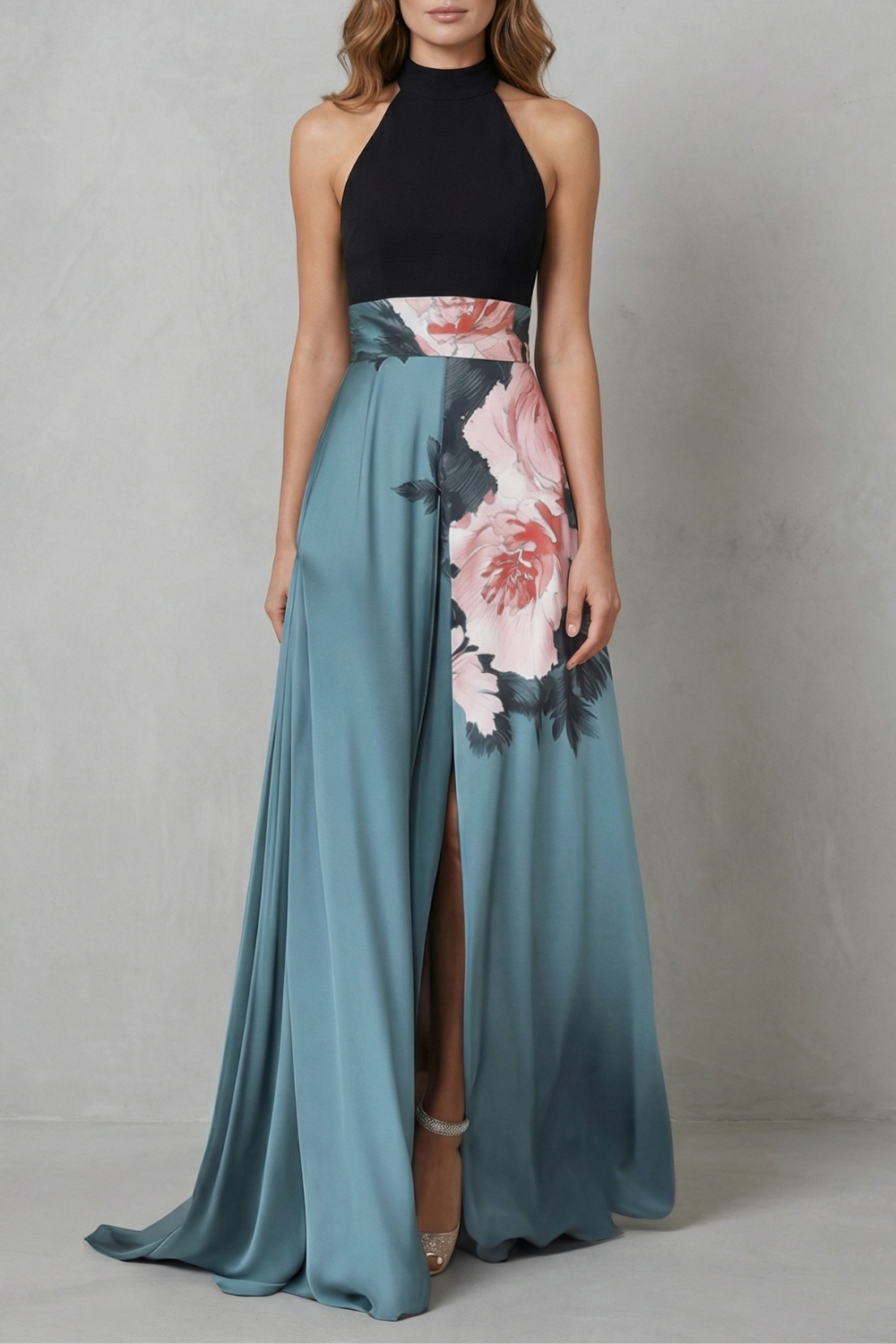 Kacob | Halter Floral Panel Maxi Dress with Slit