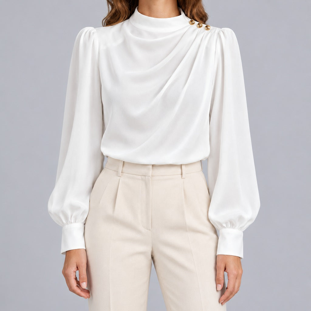 Kacob | Women's Mock Neck Gold Button Blouse – Ruched Drape Front Long Sleeve Dressy Top