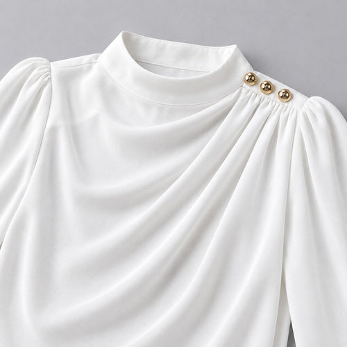 Kacob | Women's Mock Neck Gold Button Blouse – Ruched Drape Front Long Sleeve Dressy Top