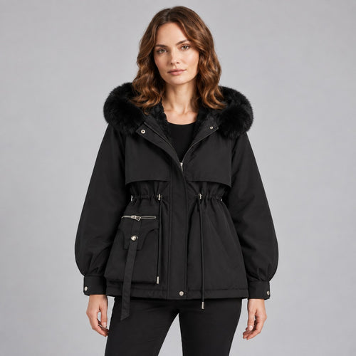 Kacob | Women's Faux Fur Hood Parka Coat with Drawstring Waist – Fleece Lined Short Winter Parka